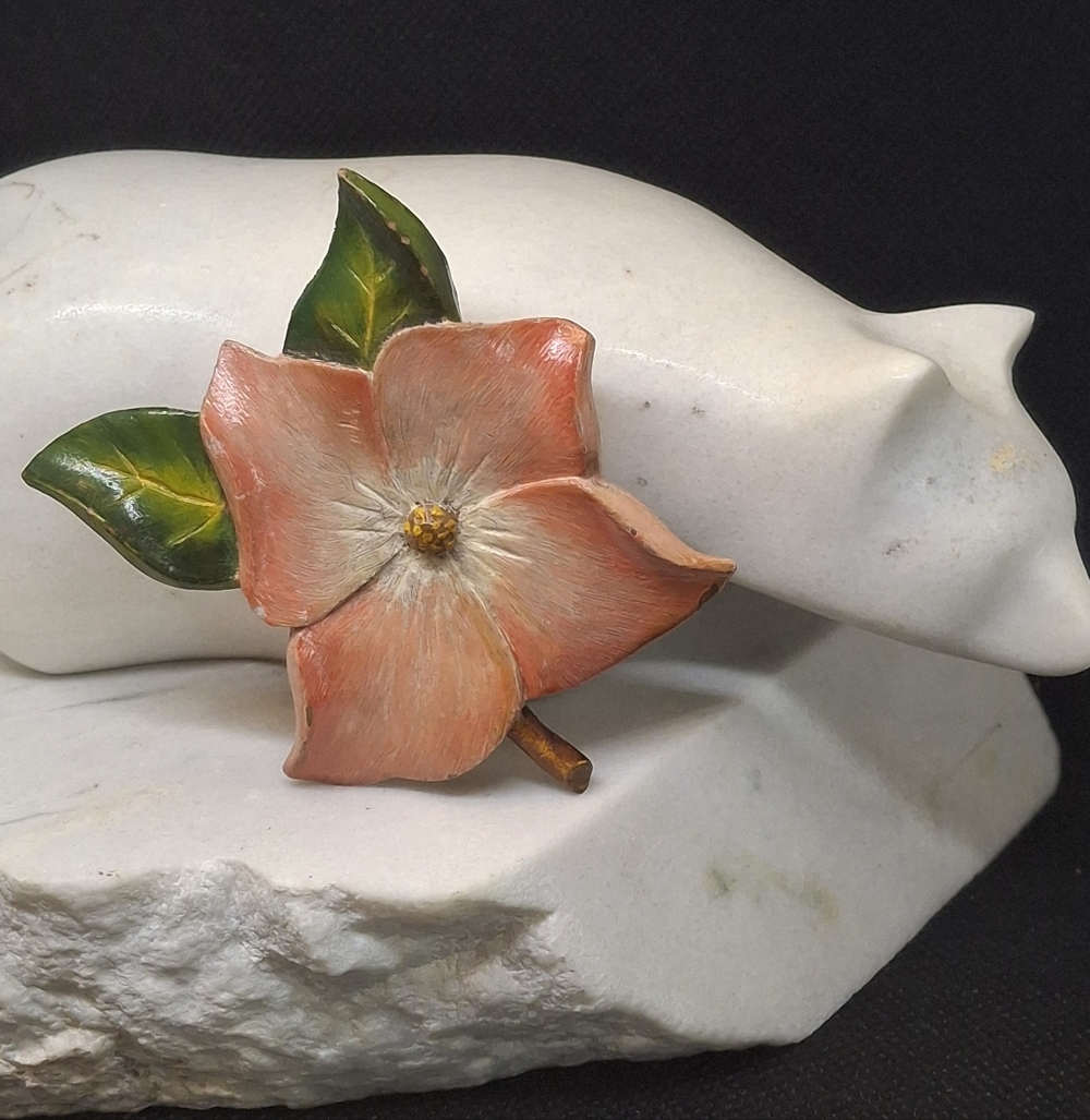 VINTAGE Mid-Century Hand Crafted Coral Pink Flower Wood Brooch with Green Leaves